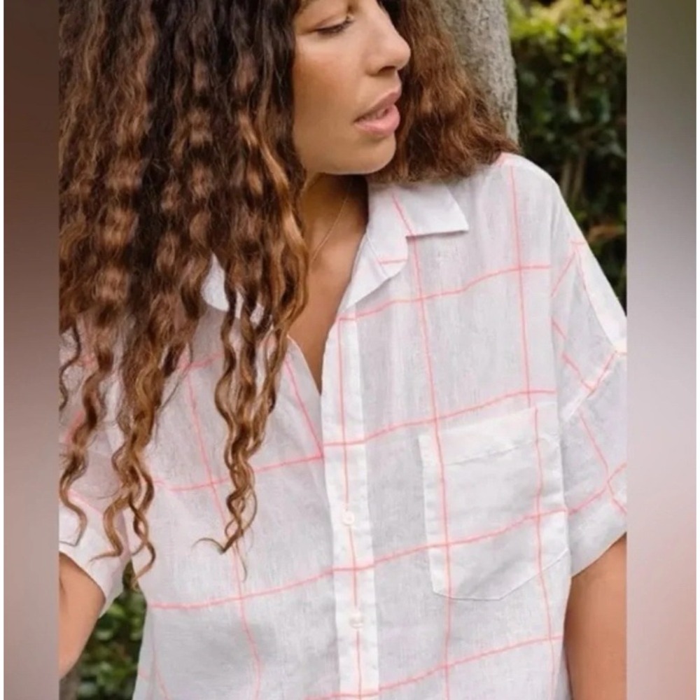 Frank & Eileen ROSE Linen Blend Shirt White Neon Orange Windowpane Check Medium